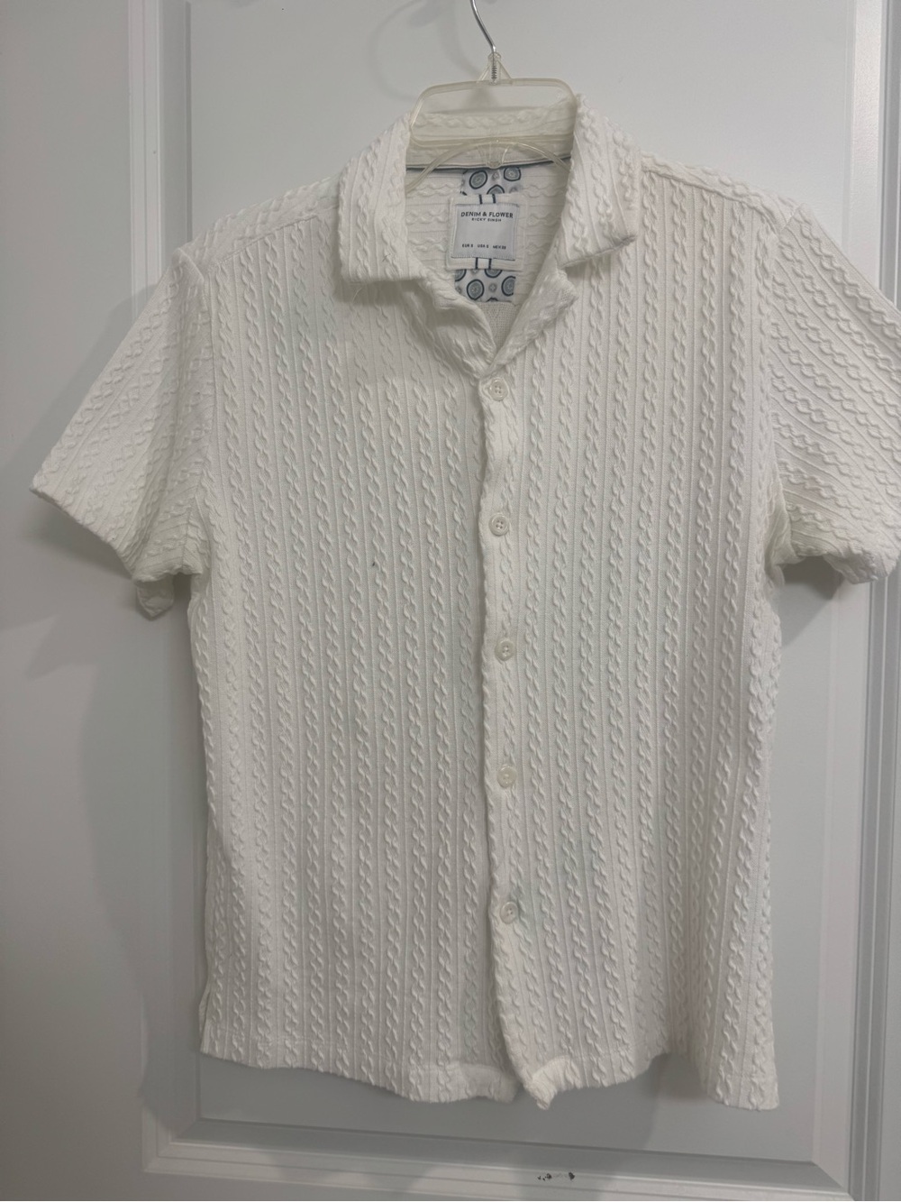Denim & Flower Cream Short-Sleeve Textured Button-Up Shirt